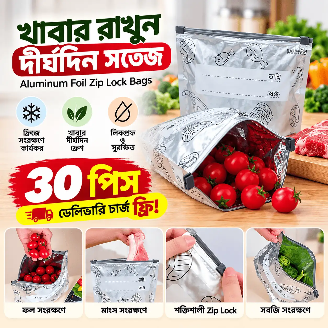 30 পিস (২.৫ কেজি) Aluminum Foil Zip Lock Bag