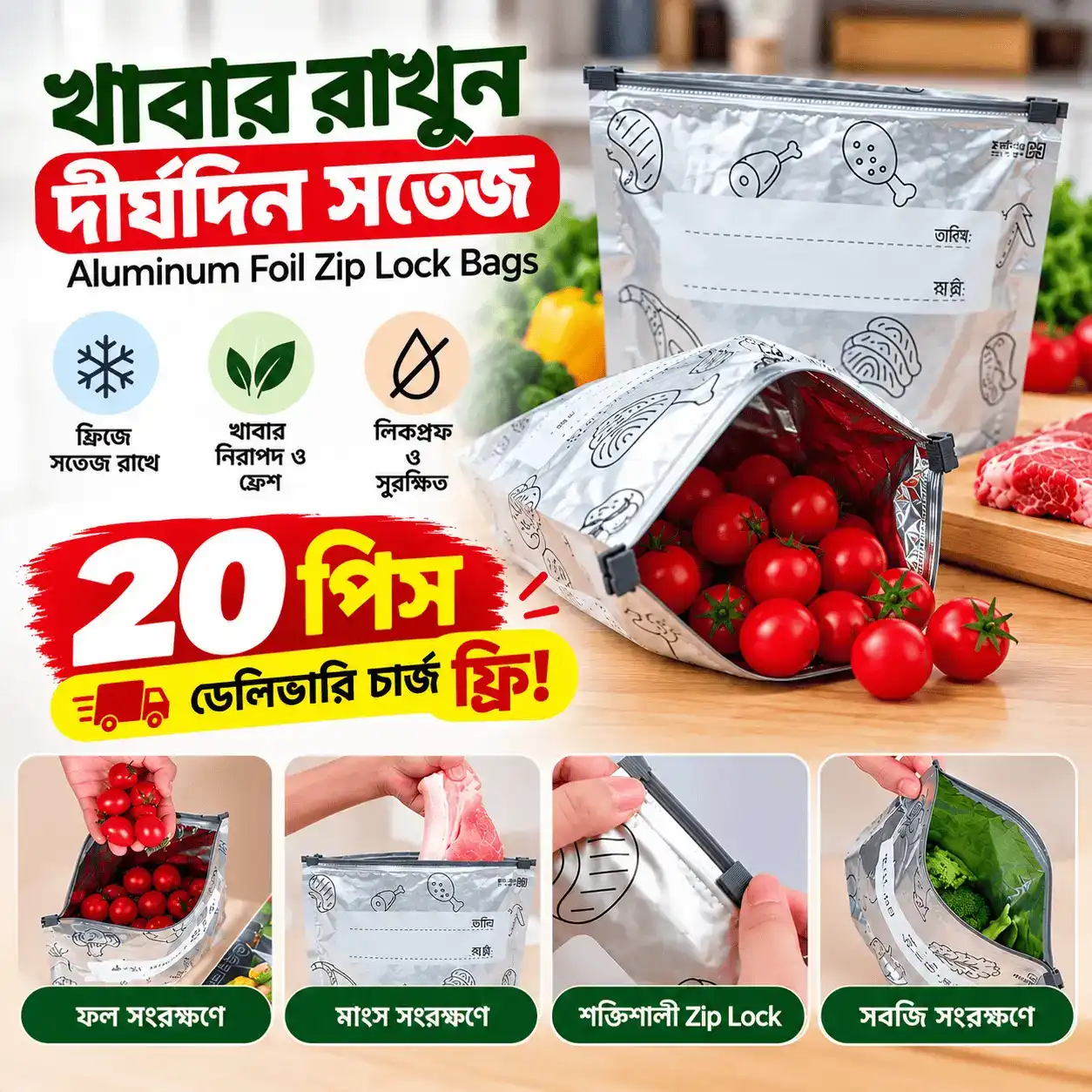 20 পিস (২.৫ কেজি) Aluminum Foil Zip Lock Bag