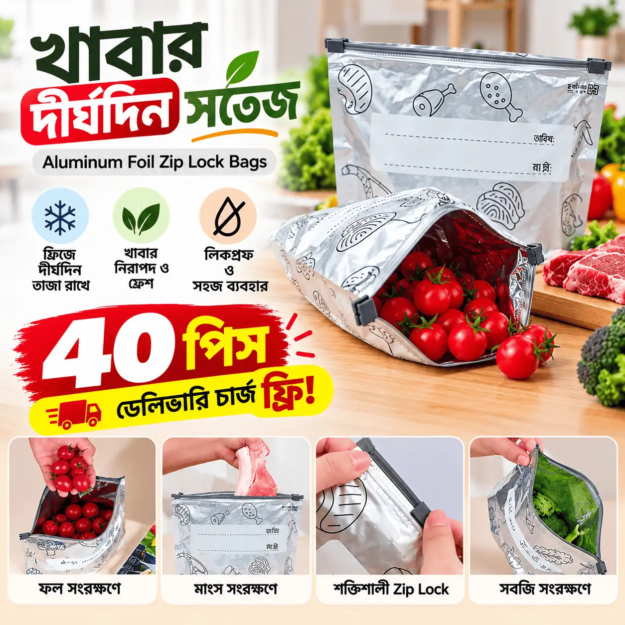 40 পিস (২.৫ কেজি) Aluminum Foil Zip Lock Bag