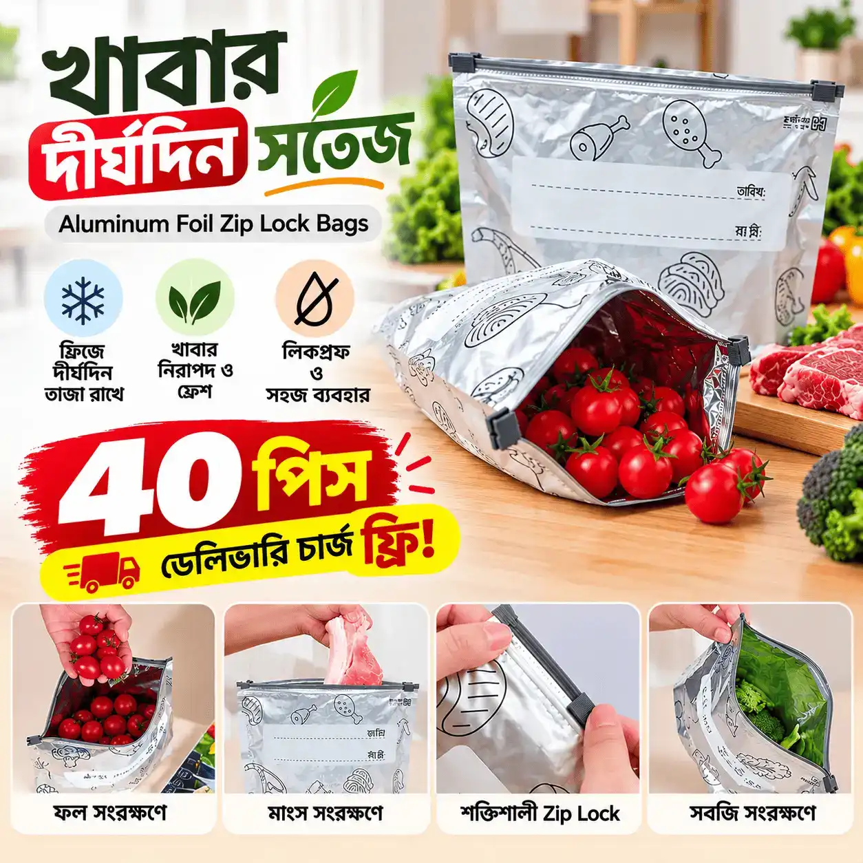 40 পিস (২.৫ কেজি) Aluminum Foil Zip Lock Bag